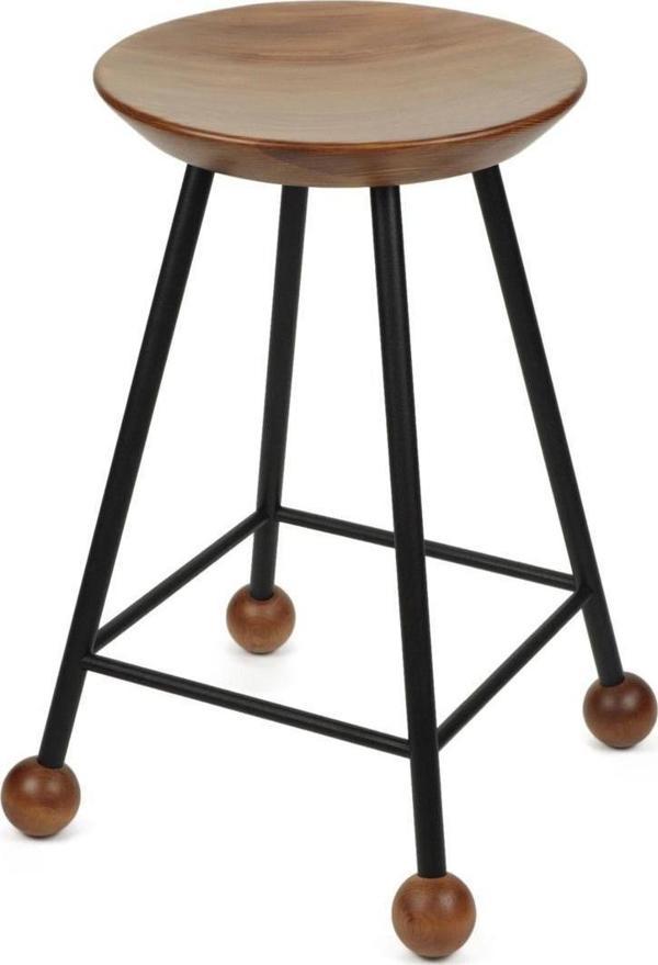 Wood Stone Art Tabure Sandalye 55 Cm Yuvarlak Oturma Yeri Bar Taburesi Ahşap Demir Ayaklı Ahşap Topuzlu Modern - Image 1