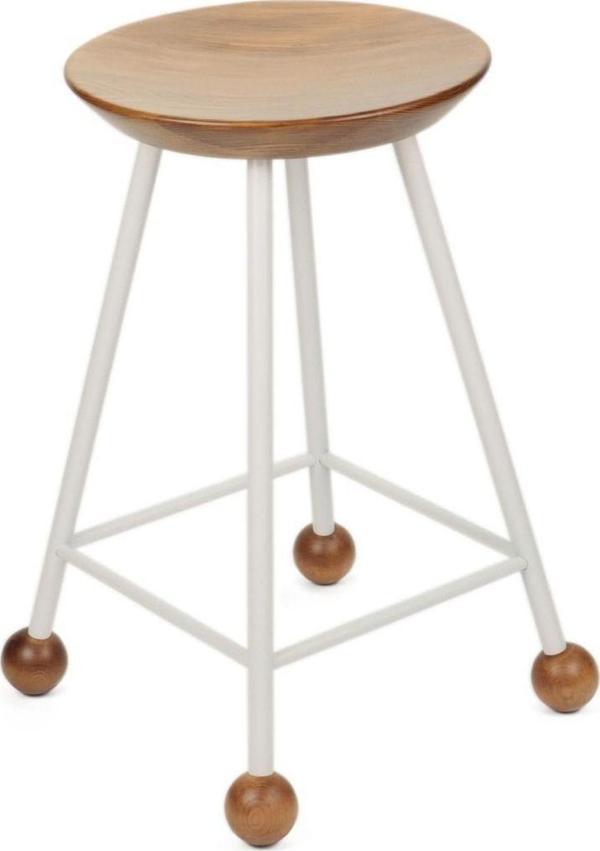 Wood Stone Art Tabure Sandalye 55 Cm Beyaz Yuvarlak Oturma Yeri Bar Taburesi Ahşap Demir Ayaklı Ahşap Topuzlu - Image 1