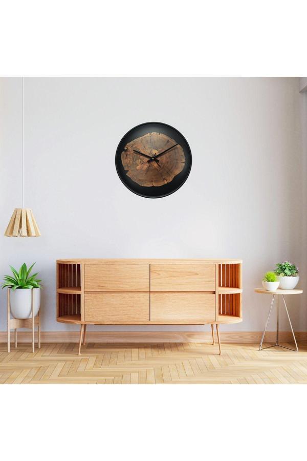 Wood Stone Art Duvar Saati Ahşap Biber Ağacı Siyah Epoxy Bombeli Duvar Saati - Image 1