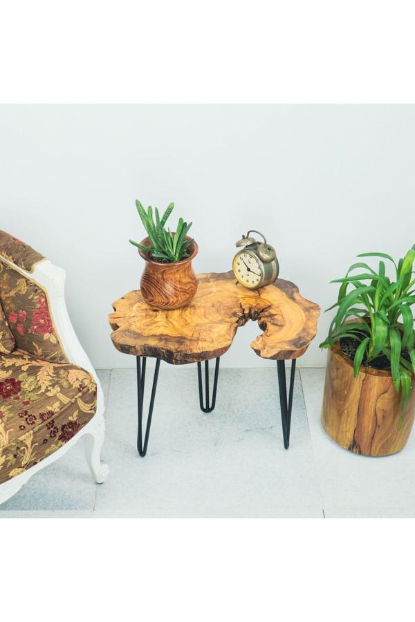 Wood Stone Art Sehpa Ahşap Zeytin Ağacı Doğal Kesit Yan Sehpa - Image 1