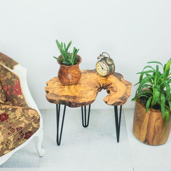 Wood Stone Art Sehpa Ahşap Zeytin Ağacı Doğal Kesit Yan Sehpa - Image 1