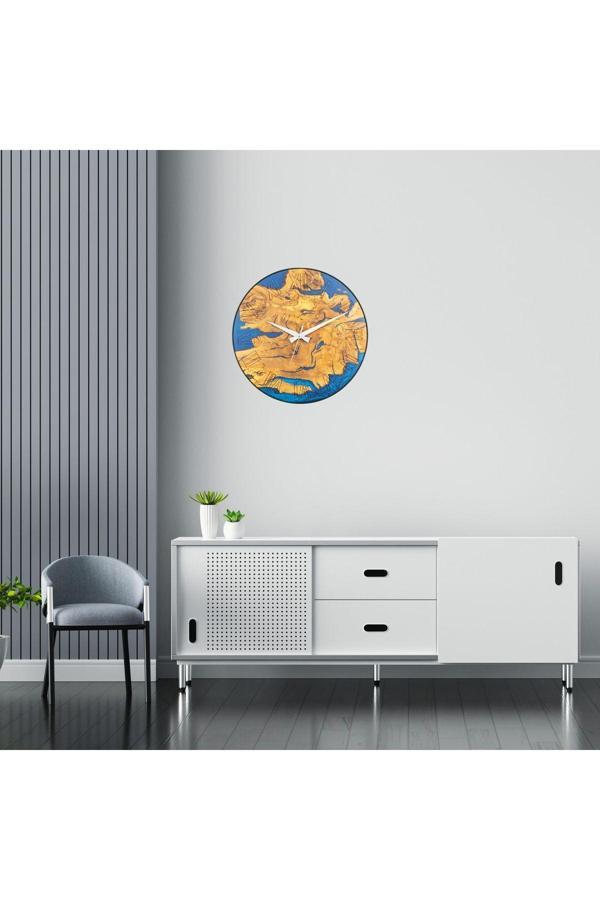 Wood Stone Art Duvar Saati Ahşap Çemberli Zeytin Ağacı Mavi Epoxy Roma Rakamlı Duvar Saati - Image 1