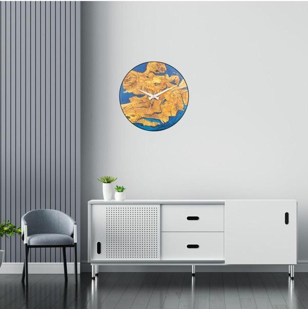 Wood Stone Art Duvar Saati Ahşap Çemberli Zeytin Ağacı Mavi Epoxy Roma Rakamlı Duvar Saati - Image 1
