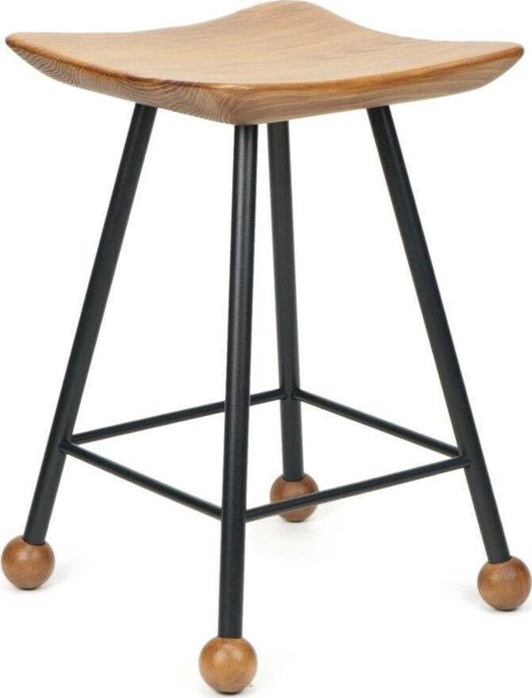 Wood Stone Art Tabure Sandalye 47 Cm Kavisli Kare Oturma Yeri Bar Taburesi Ahşap Demir Ayaklı Ahşap Topuzlu - Image 1