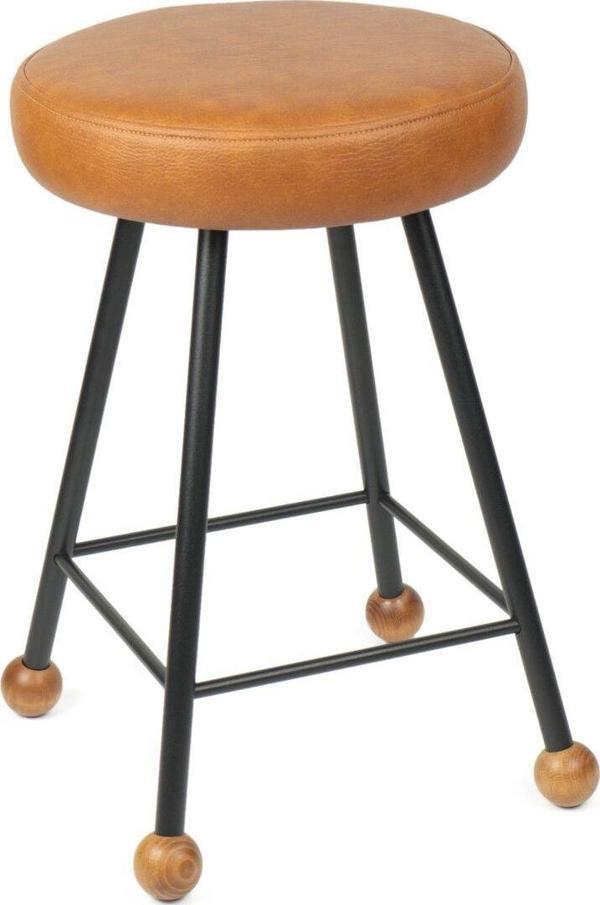 Wood Stone Art Tabure 47 Cm Sandalye Bar Taburesi Taba Suni Döşeme Oturma Yeri Beyaz Kare Demir Ahşap Topuz - Image 1