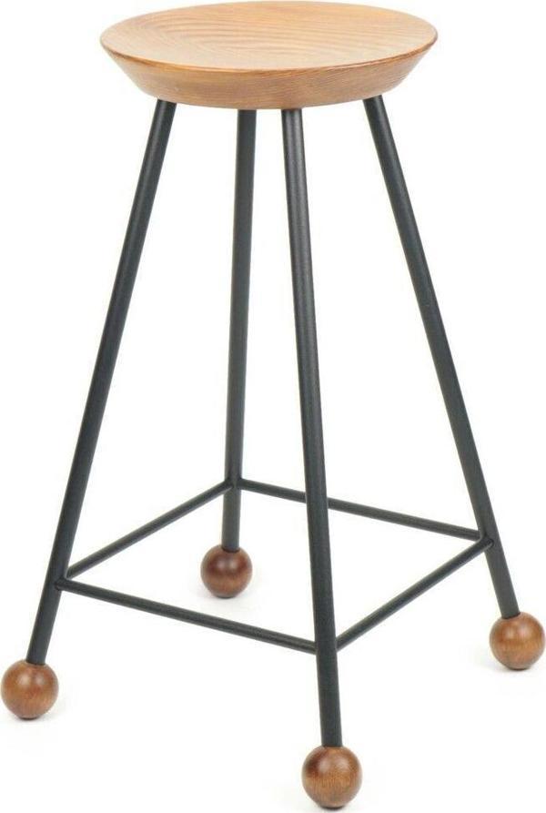 Wood Stone Art Tabure Sandalye Bar Taburesi Ahşap Demir Ayaklı Ahşap Topuzlu Modern Rahat 65 Cm - Image 1