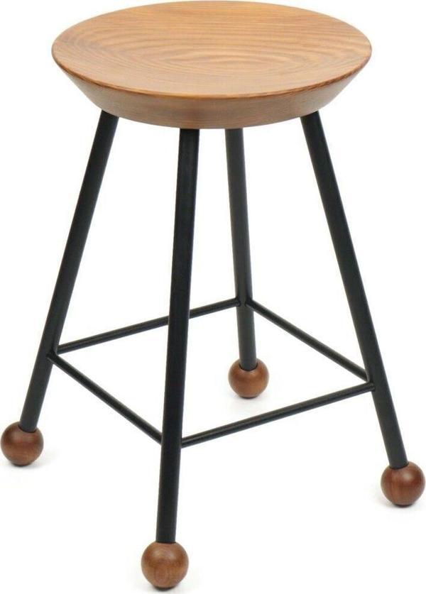 Wood Stone Art Tabure Sandalye 47 Cm Yuvarlak Oturma Yeri Bar Taburesi Ahşap Demir Ayaklı Ahşap Topuzlu - Image 1