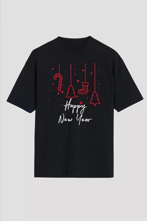Happy New Year Baskılı T-shirt - Siyah - Image 1