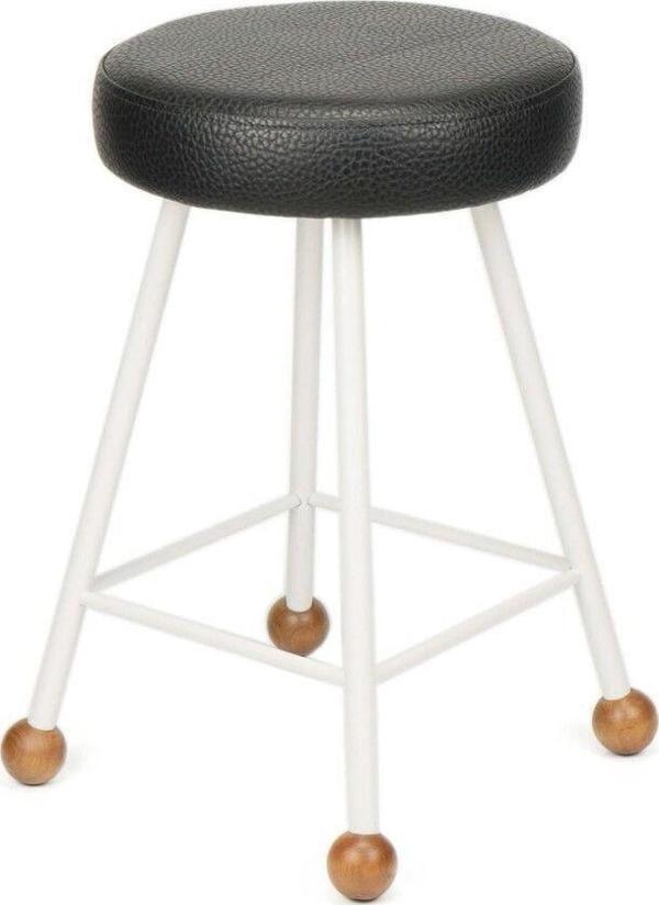 Wood Stone Art Tabure Sandalye 47 Cm Beyaz Bar Taburesi Döşemeli Demir Ayaklı Ahşap Topuzlu Modern Rahat - Image 1