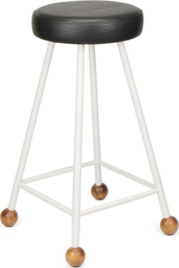 Wood Stone Art Tabure Sandalye Bar Taburesi 65 Cm Beyaz Tabure Döşemeli Demir Ayaklı Ahşap Topuzlu - Image 1