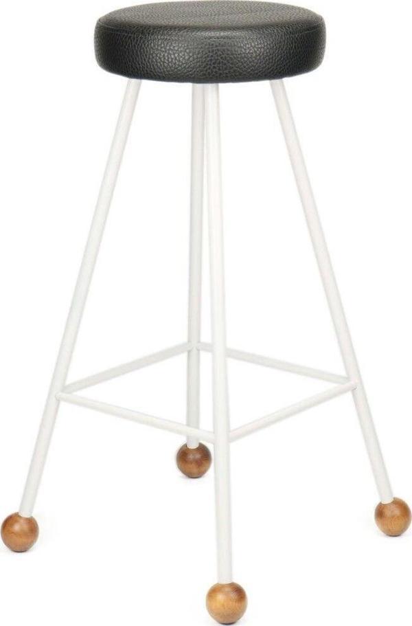 Wood Stone Art Tabure Sandalye Bar Taburesi 75 Cm Beyaz Tabure Döşemeli Demir Ayaklı Ahşap Topuzlu - Image 1