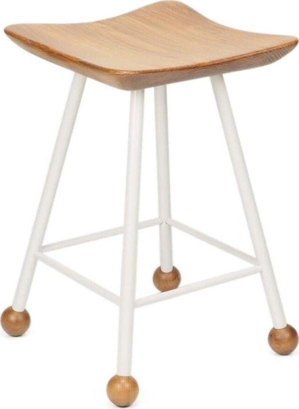 Wood Stone Art Tabure Sandalye 47 Cm Beyaz Cm Kavisli Kare Oturma Yeri Bar Taburesi Ahşap Demir Ayaklı - Image 1