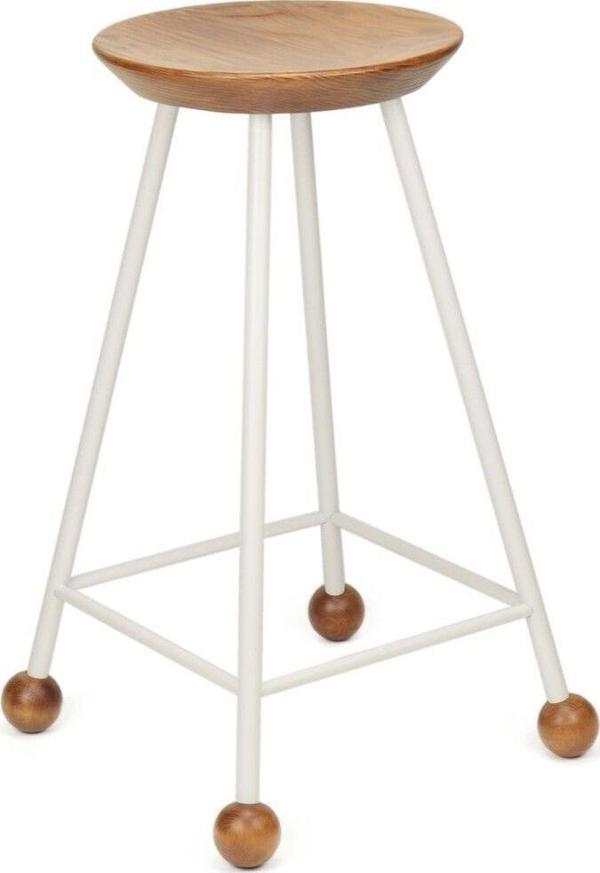 Wood Stone Art Tabure Sandalye Bar Taburesi 65 Cm Tabure Ahşap Demir Ayaklı Ahşap Topuzlu Modern Rahat Beyaz - Image 1