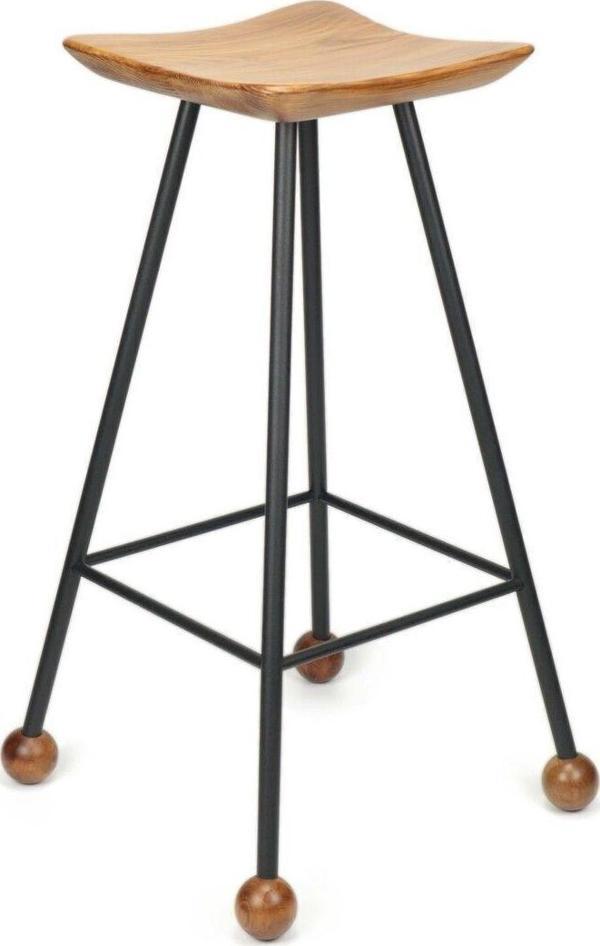 Wood Stone Art Tabure Sandalye Bar Taburesi 75 Cm Kavisli Kare Oturma Yeri Tabure Ahşap Demir Ayaklı Ahşap Topuzlu - Image 1