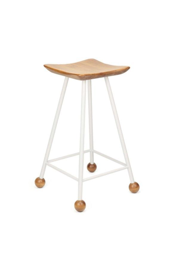 Wood Stone Art Tabure Sandalye 65 Cm Beyaz Cm Kavisli Kare Oturma Yeri Bar Taburesi Demir Ayaklı Ahşap Topuzlu - Image 1