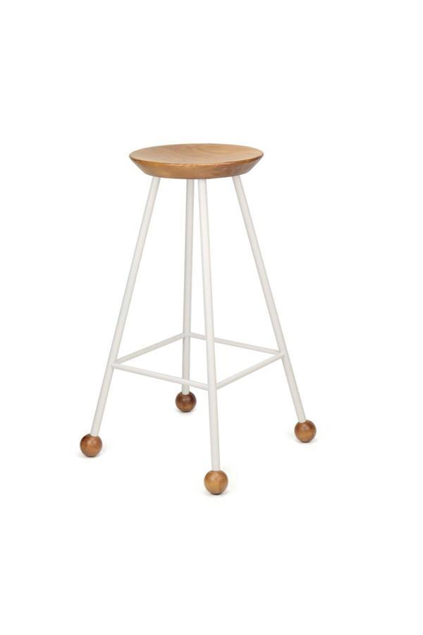 Wood Stone Art Tabure Sandalye Bar Taburesi 75 Cm Tabure Ahşap Demir Ayaklı Ahşap Topuzlu Modern Rahat Beyaz - Image 1