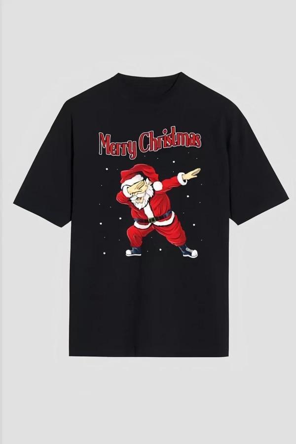 Merry Christmas Baskılı Noel Babalı T-shirt - Siyah - Image 1