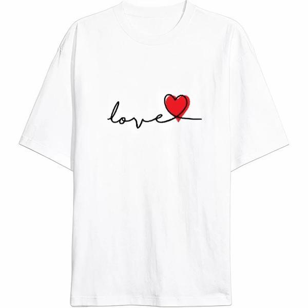 Sevgililer Günü İçin Özel Tasarım Love Baskılı T-shirt - Beyaz - Image 1