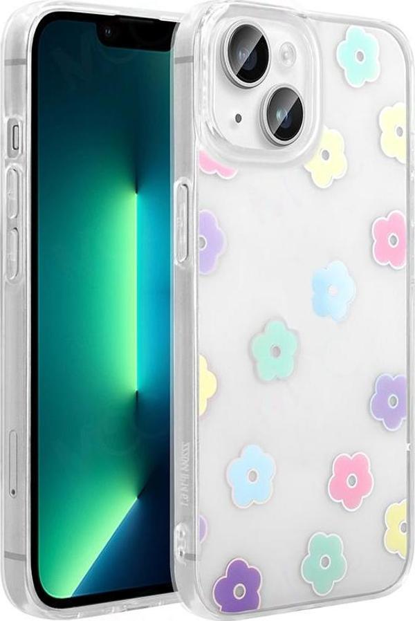 iPhone 13 Kılıf Şeffaf Desenli Figürlü Folk Sert Kapak Papatya - Image 1
