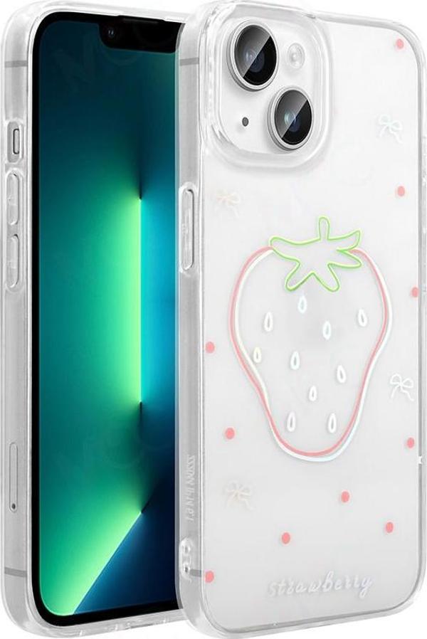 iPhone 13 Kılıf Şeffaf Desenli Figürlü Folk Sert Kapak Çilek - Image 1