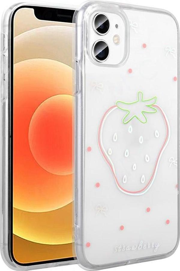 iPhone 11 Kılıf Şeffaf Desenli Figürlü Folk Sert Kapak Çilek - Image 1