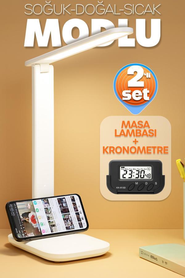 2li SET Şarjlı Masa Lambası + Kronometreli Öğrenci Saati Renk Ayarlı Ders Çalışma Okuma Lambası  - Image 1