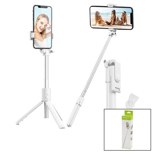 BEYAZ  SELFİ ÇUBUK - TRİPOD AYAKLI  57CM UZAYAN-KISALAN SAPLI + 10CM =67CM (4401) - Image 1