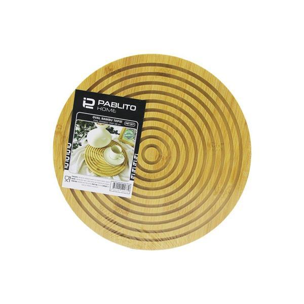 YUVARLAK ÇİFT TARAFLI=DÜZ - DALGALI OYUK KANALLI AHŞAP BAMBU SUNUM TEPSİ 28CM (4401) - Image 1