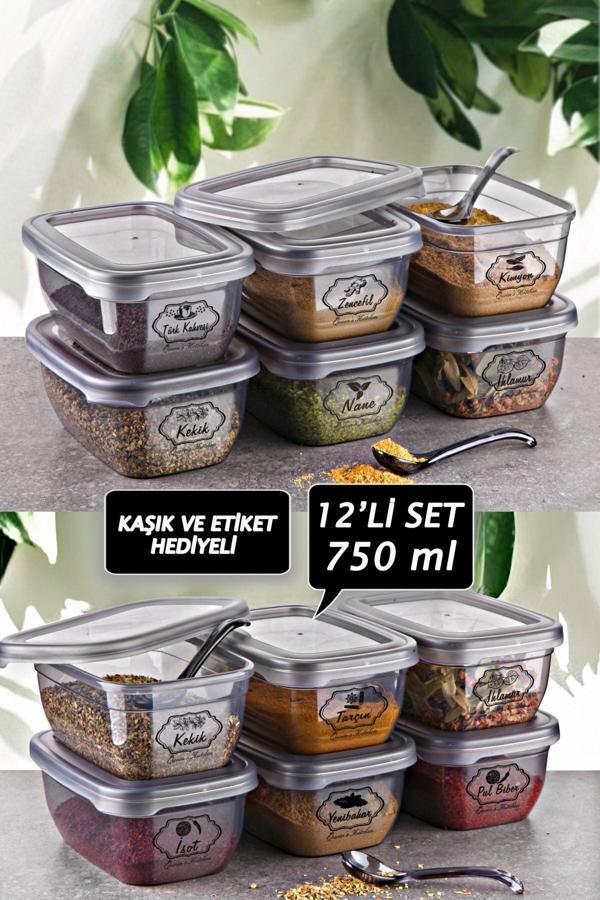 Queen's Kitchen 12 Adet 750ml Kaşıklı Ve Etiketli Saklama&Baharat Seti - Image 1
