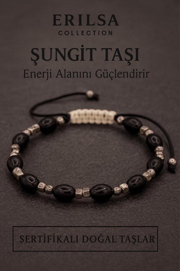 Sertifikalı Ham İşlenmemiş Shungite Şungit Taşı Bileklik - Doğal Enerji Koruyucu Unisex Takı - Image 1