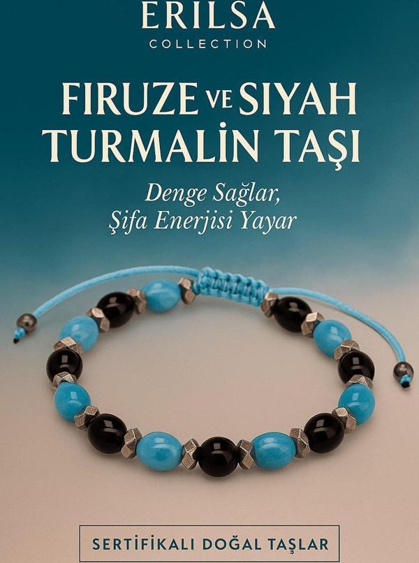 Sertifikalı Firuze ve Siyah Turmalin Taşı Bileklik - Denge Sağlayan Şifa Enerjili Takı - Image 1