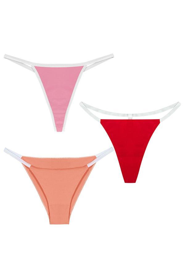 YohannesClub, Kadın, 3'lü String Set, (Brazilian, T-Thong ve Thong String Set), Somon, Kırmızı, Pudra - Image 1