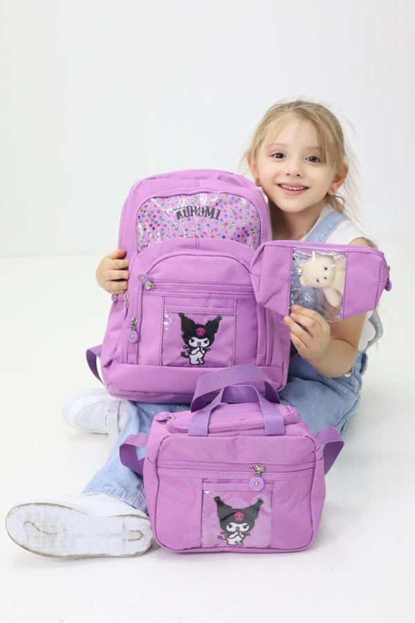 Melody Kuromi 3’lü Okul Çanta Sırt Çantası Beslenme Çantası Kalemlik Peluş Oyuncak Hediyeli İlk okul - Image 1