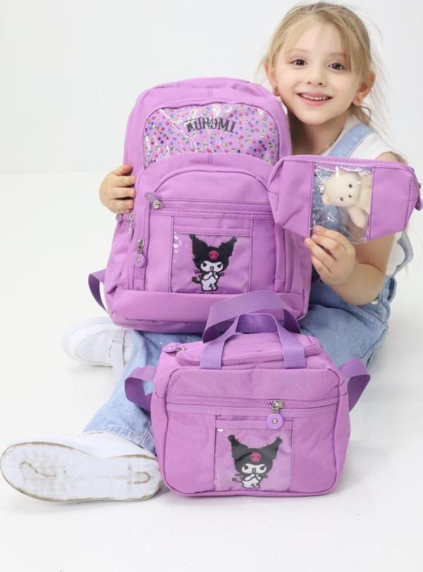 Melody Kuromi 3’lü Okul Çanta Sırt Çantası Beslenme Çantası Kalemlik Peluş Oyuncak Hediyeli İlk okul - Image 1
