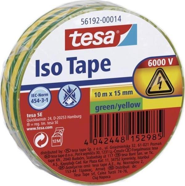Tesa Bant Elektrik İzolasyon Elektrik Bandı Yeşil - Sarı Çizgili 10 Metre X 15 Mm (10 Lu Paket) - Image 1