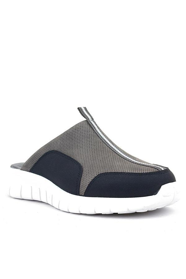 Hakiki Deri Gri Siyah Comfort Spor Terlik - Image 1