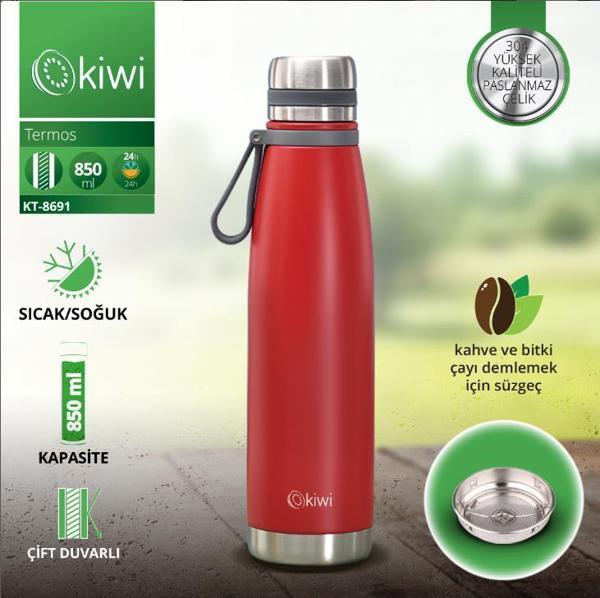 Kiwi KT-8691 Çelik Termos 850ml Çift Kat 304 Kalite Kırmızı - Image 1