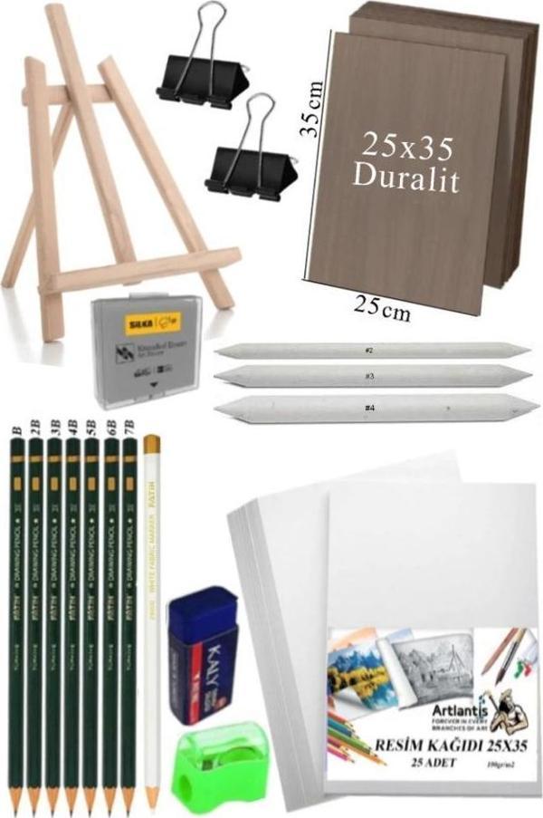 Karakalem Eskiz Çizim Masa Üstü Şövale Duralit Seti 25x35 cm Pastel Dağıtıcı Dereceli Kalem Hamur Silgi Beyaz Kurşun Kal - Image 1