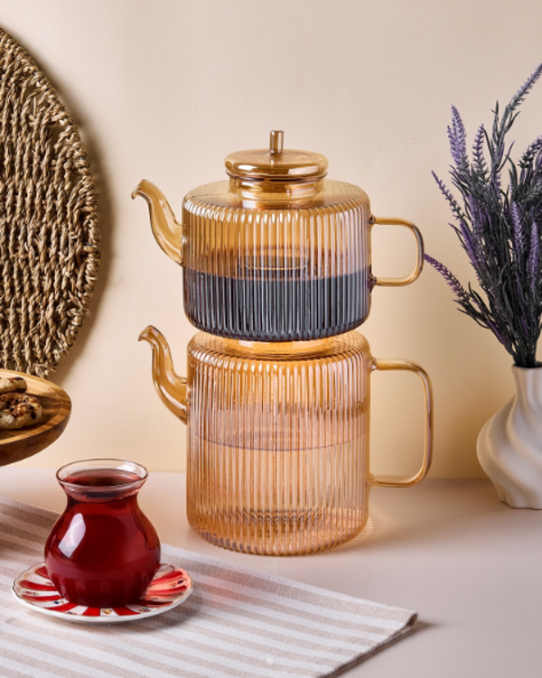 Perotti Tobby Line Amber Çizgili Borosilikat Cam Çaydanlık 1.1L + 1.75L 16803 - Image 1