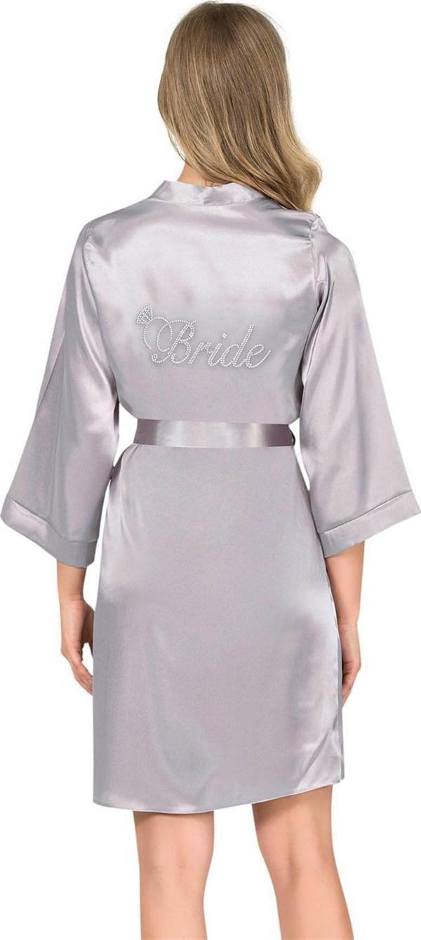 Gri Kısa Saten Bride Sabahlık - Image 1