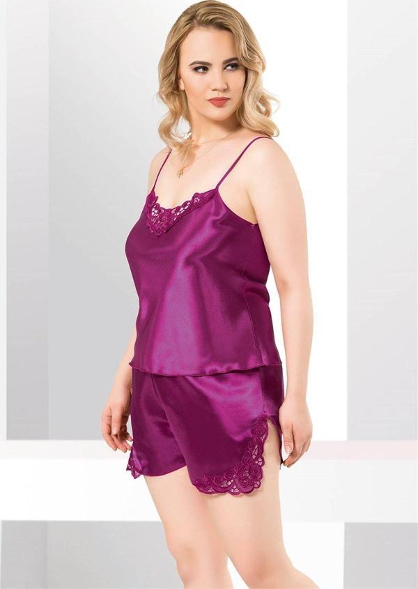 Findit Büyük Beden Mor Saten Babydoll Şort Takımı - Image 1