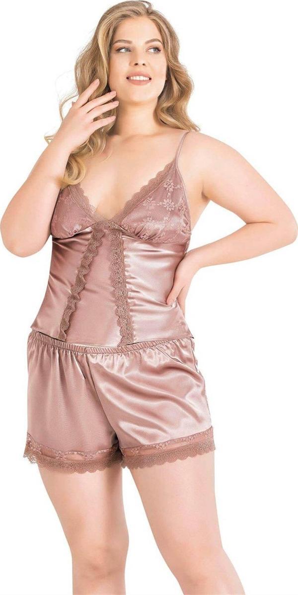 Findit Büyük Beden Vizon Saten Babydoll Şort Takımı - Image 1