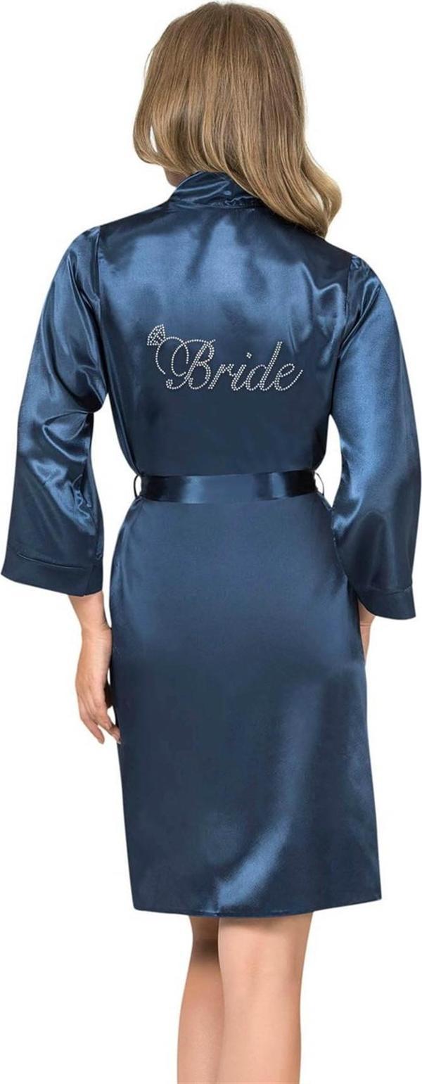 Lacivert Kısa Saten Bride Sabahlık - Image 1