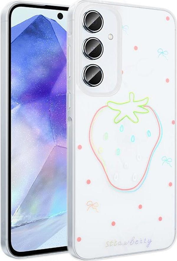 Galaxy S24 FE Kılıf Şeffaf Desenli Figürlü Folk Sert Kapak Çilek - Image 1