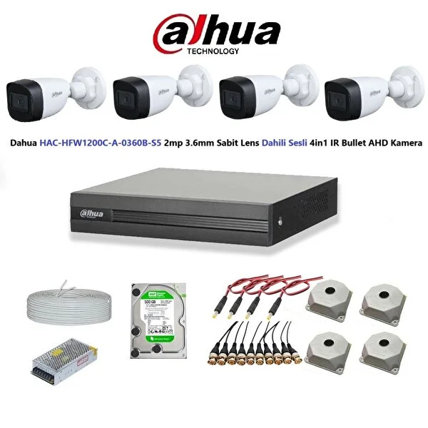 Dahua 2mp 4 Kameralı Dış Ortam Dahili Sesli Full Kamera Seti 500gb Disk Hac-hfw1200c-a-0360b - Image 1