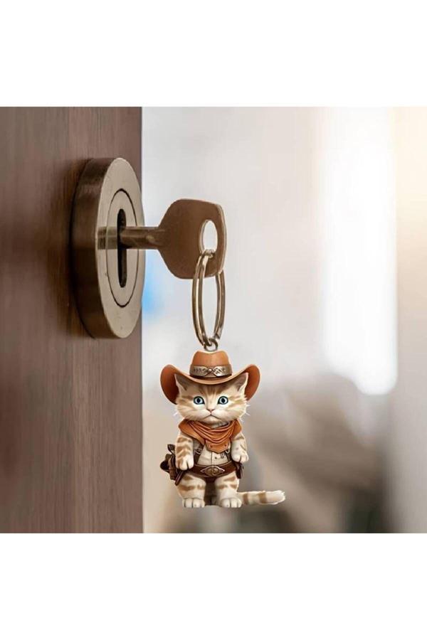 Kıraç Home 2D Kovboy Kedi Anahtarlık,Kolye, 0.3 Cm Kalınlık, Çift Taraflı Tasarım, Anahtarlar Ve Çantalar İçin - Image 1