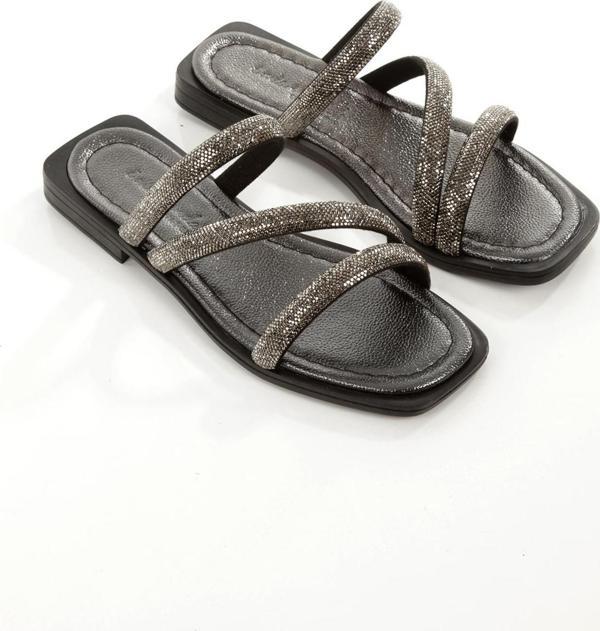 MİA026-1610 Kadın Günlük Taşlı Bantlı PLATİN Tatil Terliği - Image 1