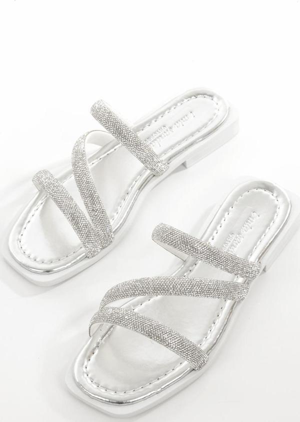 MİA026-1610 Kadın Günlük Taşlı Bantlı GÜMÜŞ Tatil Terliği - Image 1