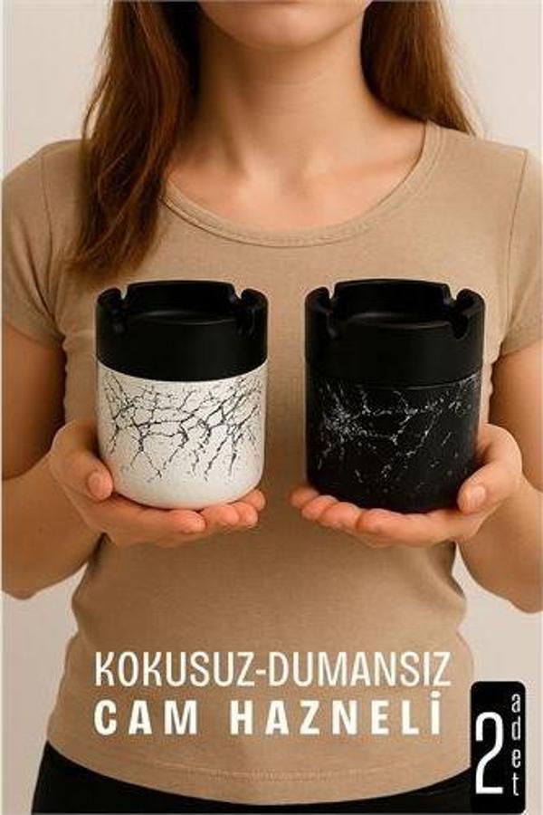 Cam Küllük - Mermer Desenli 2 li Küllük Seti  Kafe Küllüğü Restoran Küllüğü Masaüstü Küllük - Image 1