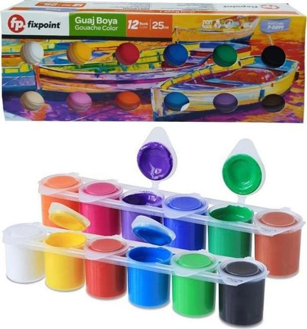 Guaj Boya 12 Renk 25ml 1 Paket Fixpoint Guajboya Seti 12 li Su Bazlı Şişe Canlı Renkler Resim Okul - Image 1